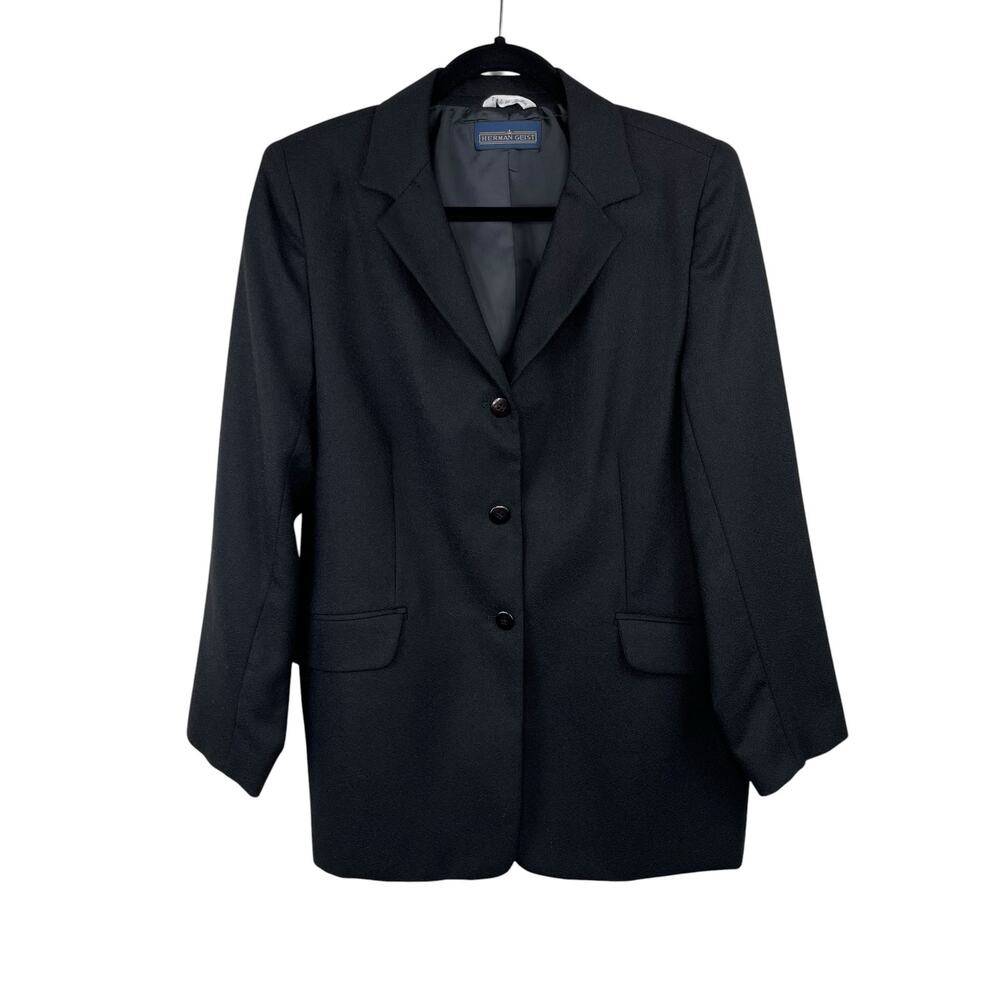 Vintage Herman Geist Black 100% Wool Blazer Size 14P 3-Button Dark Academia